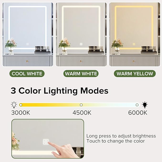 Vanity Desk with Mirror and Lights, Modern Makeup Vanity with Glass Top, Fluted Dressing Table Vanity Set with 3 Drawers, 4 Open Shelves, and Storage Cabinets for Bedroom, 3 Color Modes