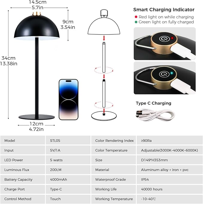 Rechargeable Cordless Touch Table Lamp,Modern 3 Color Stepless Dimming Night Light,Portable Wireless 4000mAh Battery Operated,LED Desk Lamp for Outdoor Patio,Restaurant,Camping,Bedroom,Nightstand