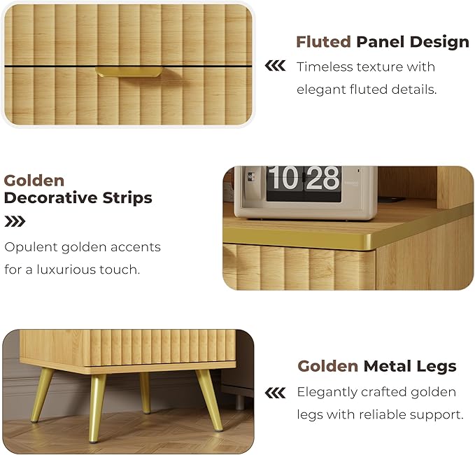 Vanity Desk with Mirror and Lights, Fluted Makeup Vanity with Glass top, 48" Big Modern Vanity with 5 Drawers & Glass Cabinet, Wood Vanity with 3 Lighting Modes for Bedroom, Natural