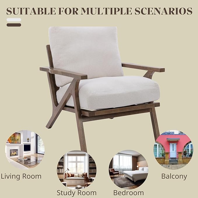 Wahson Mid Century Arm Chair and Ottoman Set, Upholstered Accent Armchair with Wood Frame and Linen Cushions, Leisure Slipper Chair for Living Room/Bedroom, Cream