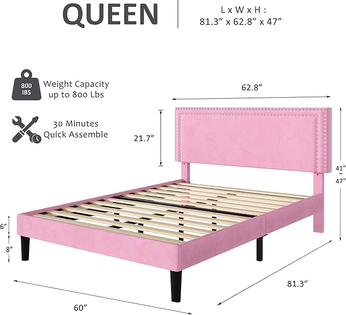 VECELO Queen Size Bed Frame with Adjustable Upholstered Headboard, Wooden Slats Platform, Noise-Free Design, Easy Assembly