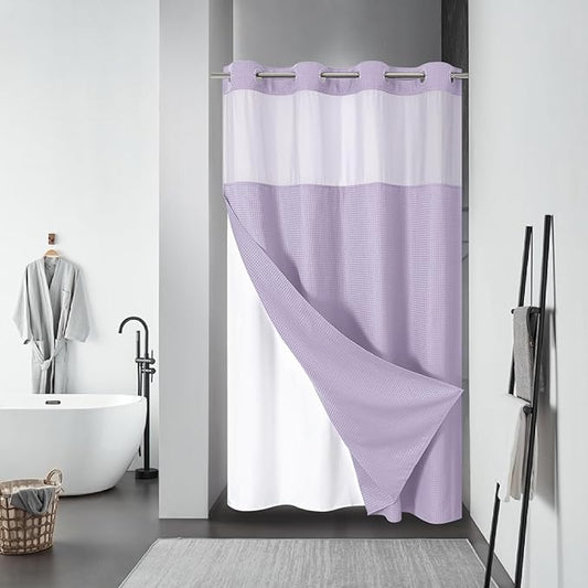 Lavender No Hook Waffle Weave Shower Curtain with snap-in Liner Replacement, 230GSM Waterproof Fabric Hotel Shower Curtain Set for Bathroom, Through Mesh Top Window,54Wx80H