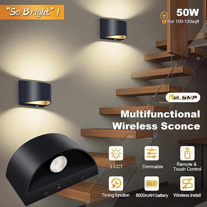 4 Pack Battery Operated Wall Sconce with Remote Control,No Hardwired Black Aluminum Wall Sconces 3000K-6500K,50W Equivalent Battery Wall Light for for Bedroom, Living Room, Hallway