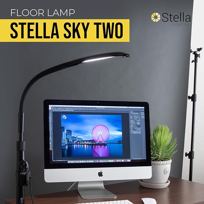 Stella Sky Two Premium 10W LED Task Light Floor Lamp - Black - Adjustable Dimmable Low Vision Natural Sunlight - Bright Macular Degeneration Lighting - Hobby, Crafting, Sewing, Artist, Reading, Office