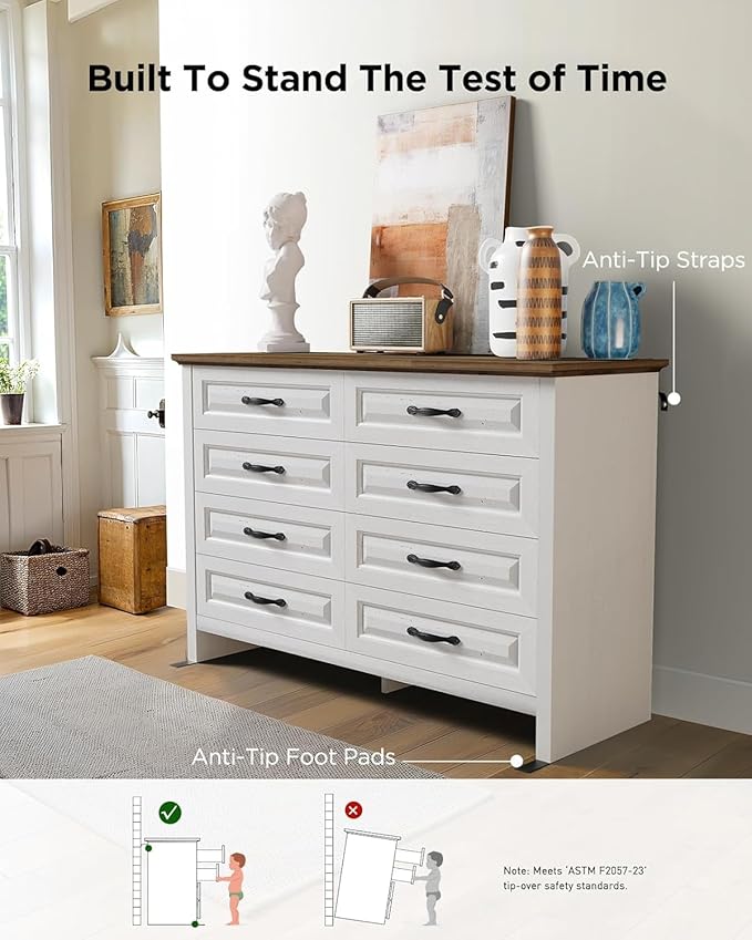Pipishell White 8 Drawer Dresser for Bedroom, 47" Wide Wood Chest of Drawers with Bar Handles, Modern Storage Dresser Organizer for Bedroom, Living Room, Hallway, Brown & White
