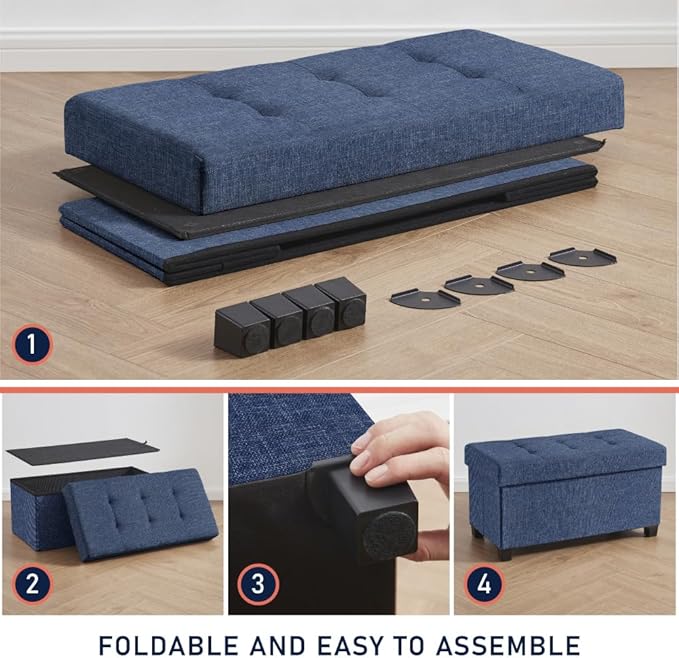 Ornavo Home 30 Inch Storage Ottoman, Large Storage Bench, Ottoman with Storage with Legs, Foot Rest Stool, Bedroom Bench - Navy Blue