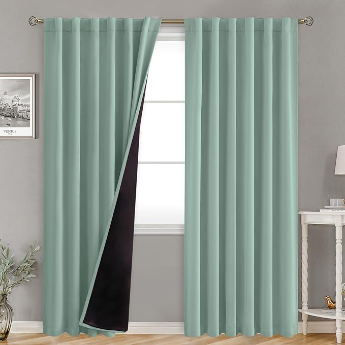 BGment 78 Inch Blackout Curtains with Black Liner for Bedroom, 100% Blackout Thermal Insulated Light Blocking Double Layer Rod Pocket Back Tab Curtains, 2 Wndow Panels, Each 52 x 78 Inch, Frosty Green
