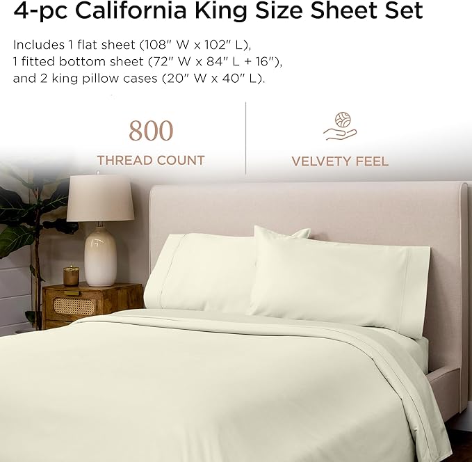 Threadmill Luxury 800 Thread Count California King 100% Cotton Sheets - Ivory Sateen Weave Bed-Sheets, Better Than Egyptian Cotton, 4 Pc Solid Bed Set, Fits 16" Deep Pocket