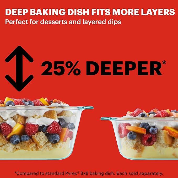 Pyrex Deep Glass Baking Dish with Plastic Lid, Deep Casserole Dish, Glass Food Container, Oven, Freezer and Microwave Safe, Clear Container, 8x8