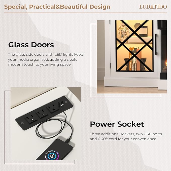 Ludatido 65 Inch FireplaceTV Stand with 3-Sided Glass Insert, Storage Cabinets & Drawers, Fits TVs up to 75", Remote & Touch Control, White Entertainment Center with USB&AC Power Interface, White