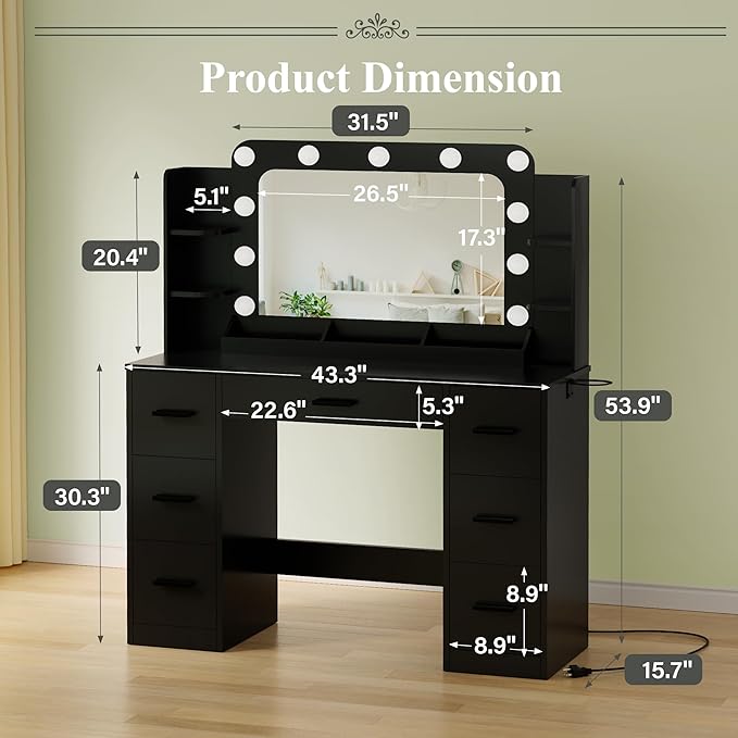 JUMMICO Makeup Vanity Desk with Large Mirror and Lights, Vanity with Power Strip and Hairdryer Holder, 6 Open Shelves and 7 Drawers Modern Dressing Table, for Bedroom (Black)