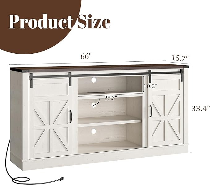 66" Farmhouse TV Stand for 75 Inch TV, 33" Tall Entertainment Center with Power Outlets & Sliding Barn Door, Wood TV Stand with Storage, TV Media Console for Living Room, Antique White