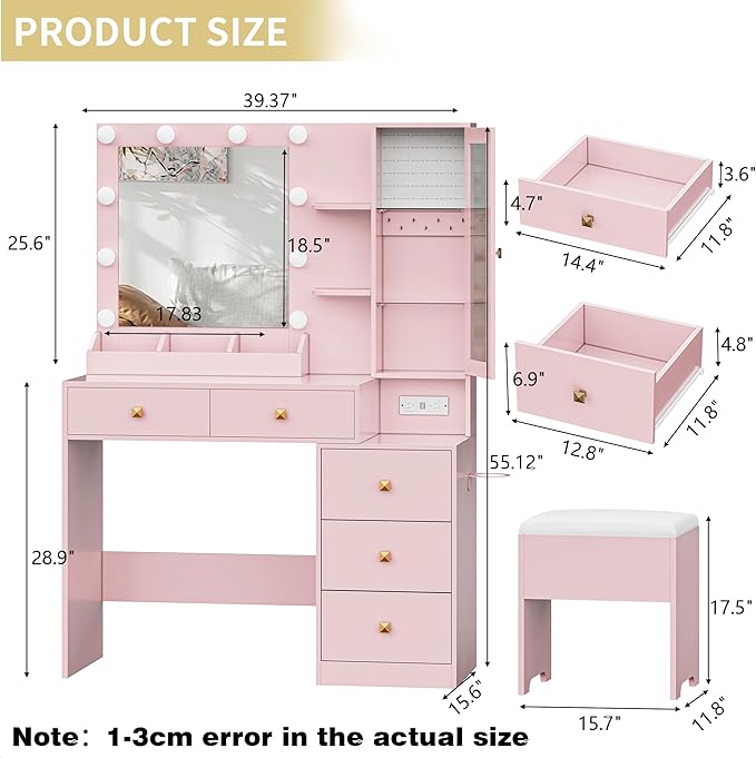 Vanity Desk with Mirror and Lights, Makeup Vanity Table Set with 5 Storage Drawers, Power Outlet & Chair, Small Dressing Table with RGB Ambient Light, Adjustable Brightness for Girls Bedroom, Pink
