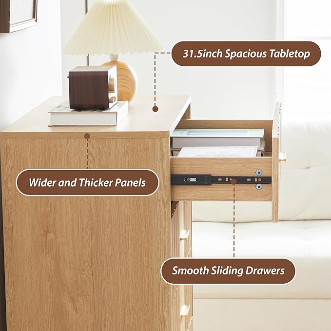 Fluted 5 Drawers Dresser for Bedroom, Wooden Tall Storage Dresser TV Stand, Curved Profile Modern Chest of Drawers, Wood Closet Clothes Storage Organizer for Living Room, Hallway, Natural 2 Sets