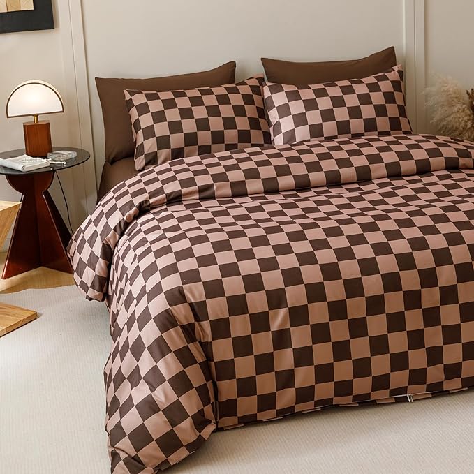CLOTHKNOW Dark Brown Plaid Queen Comforter Set 3Pcs Grid Bedding Comforter Sets Soft Checkerboard Comforter Geometric Comforter with 2 x Pillow Cases