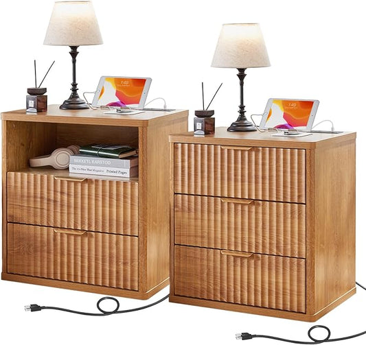 LEYAOYAO Fluted Farmhouse Nightstand Set of 2 with Charging Station, 23" Wide 2 & 3 Drawers Large End Table with Metal Handle, Brown Night Stand Bedside Table, Wood Dresser for Bedroom,Closet