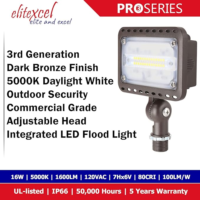 Backyard Lights Outdoor Security, 3rd Gen 16W UL Listed Landscape Lights, 1600Lumen LED Flood Light Outdoor Waterproof, 5000K Daylight White, 1/2" Knuckle Mount, 120V, 5 Year Warranty