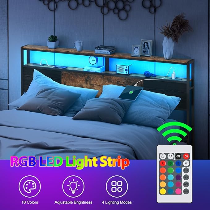 King Size Headboard, Headboards with Charging Station, USB Port and LED Light, Head Board with 2-Tier Storage Shelf, Adjustable Height, Easy Assembly, Sturdy and Stable, Rustic Brown