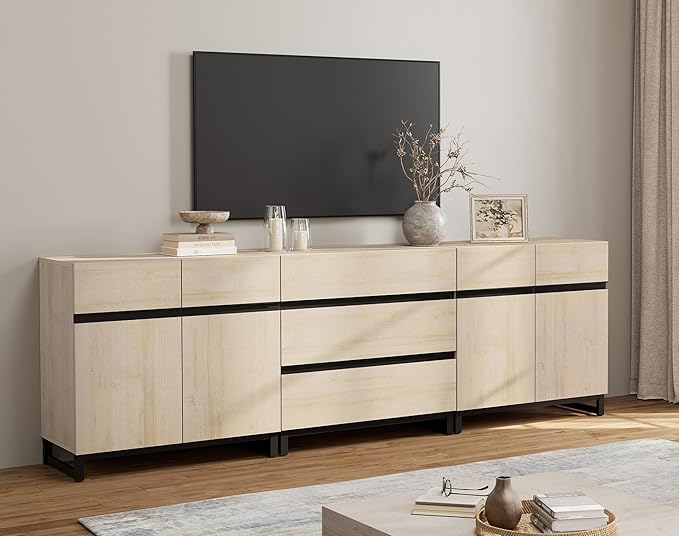 WAMPAT Modern TV Stand for TVs up to 100 inch, 3 in 1 TV Console with Adjustable Shelves and 3 Drawers, Media Console for Living Room, Bedroom, Light Oak