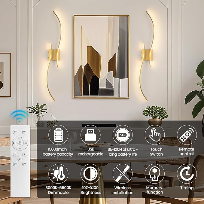 CANEOE Battery Operated Wall Sconce Set of 2, 18000mAh Gold Rechargeable Wall Lights with Remote Control,3000K-6000K Dimmable LED Wireless Wall Light for Living Room Bedroom Hallway,39.3 Inch (Gold)