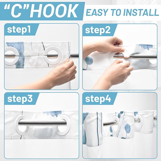 No Hook Shower Curtain with Snap in Liner - Floral Shower Curtain - Fabric Waterproof Inner Liner, Plants Watercolor Moonlight Blue Modern Cloth Shower Curtains - Machine Washable, 71 x 74