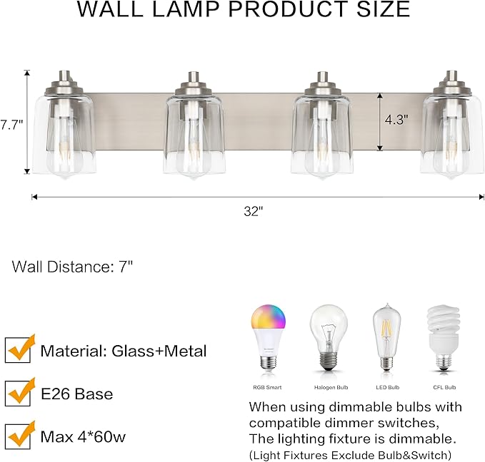Solfart Brushed Nickel Bathroom Vanity Light Fixture 4 Lights Above Mirror