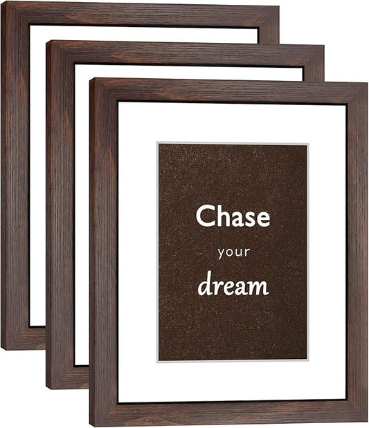 8x10 Picture Frame Set of 3 with Real Glass for Pictures 5x7 with Mat or 8x10 Without Mat, Wall Mounting or Tabletop display Photo Frames in Walnut