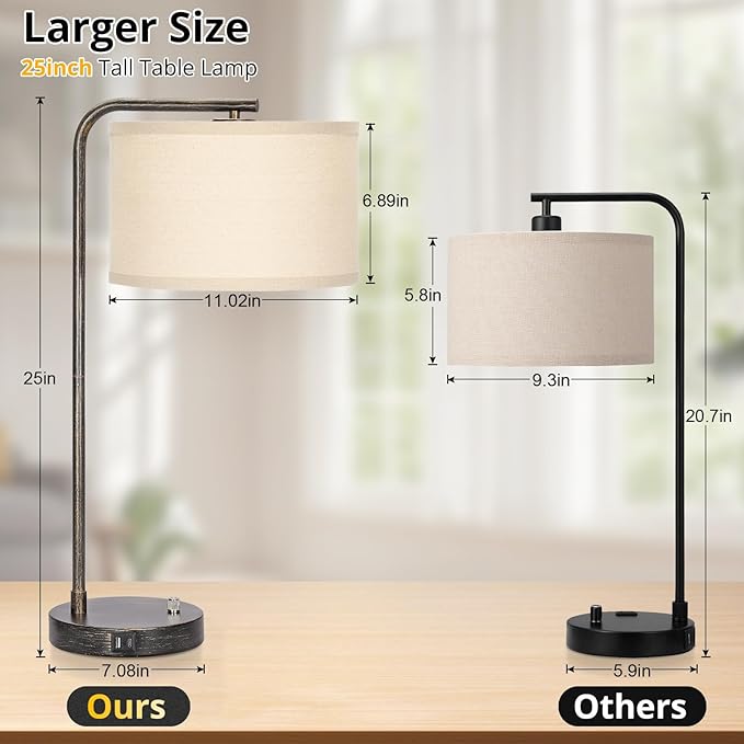 Bedside Table Lamp with USB C+A Charging Ports, Fully Dimmable Industrial Tall Nightstand Reading Desk Lamp for Bedroom, Living Room, Office, 9W LED Bulb Included