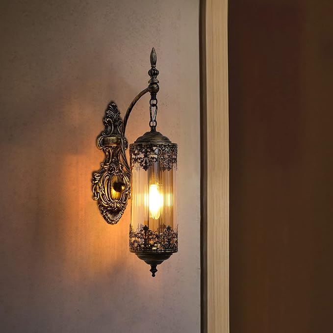 Rustic Wall Sconce with Amber Glass Mini Vintage Antique Gothic Wall Light Fixture Retro Farmhouse Mid Centry Lantern Wall Sconce for Bedroom, Hallway, Mirror, Bursh Gold, E12