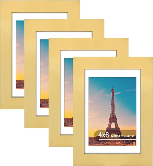 4x6 Picture Frame Set of 4, High Definition Real Glass, Display Pictures 3.5x5 with Mat or 4x6 Without Mat, Gallery Wall Hanging or Tabletop Photo Frames, Gold