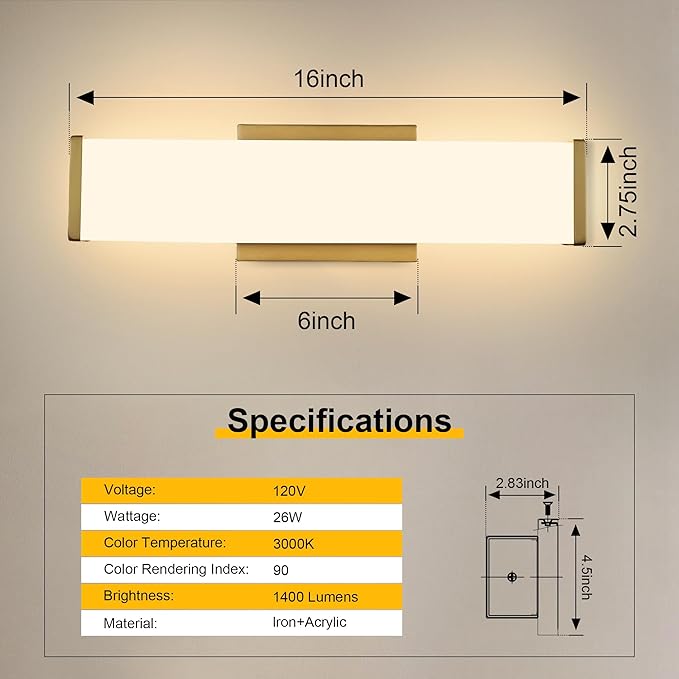 Kalium 16in Modern Wall Sconces, Dimmable Bathroom Vanity Lights, 3000K Warm White LED Indoor Sconces Lighting for Bathroom, Stairs, Living Room, Bedroom. Hardwired.