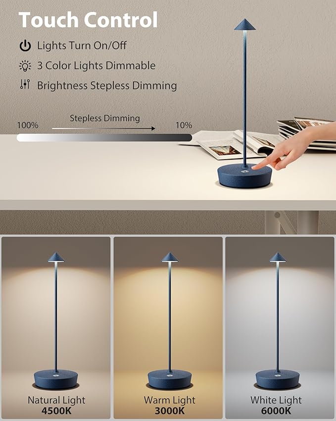 Cordless Table Lamps Rechargeable, 6000mAh Battery Operated LED Desk Lamp Outdoor Waterproof Portable Touch Dimmable Table Light for Patio Restaurant Dining Home Blue