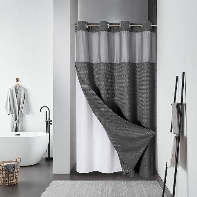 Charcoal Grey No Hook Waffle Weave Shower Curtain with snap-in Liner Replacement, 230GSM Waterproof Fabric Hotel Shower Curtain Set for Bathroom, Through Mesh Top Window,54Wx80H