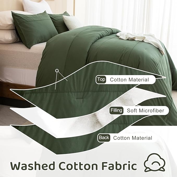 Sanracie Olive Green Oversized King Plus Comforter 128 * 120, Cotton Dark Green Pinch Pleat Bedding Comforers Set,3pc Aesthetic Comforter Super King Soft Lightweight Bed Set All Season