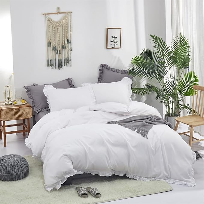 Luxlovery White Ruffle Comforter Set Full Farmhouse Boho Bedding Comforter Set Plain White Shabby Chic Solid Blanket Quilts Vintage Rustic Bedding Set with Ruffles for Full Bed