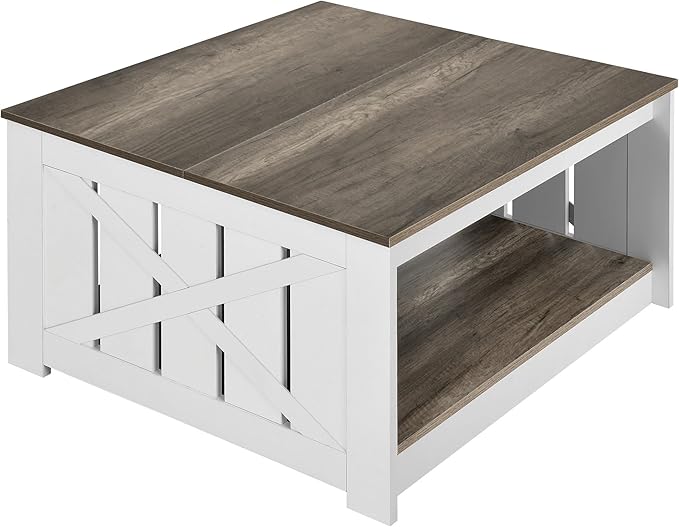 YITAHOME Coffee Table Farmhouse Coffee Table with Storage Rustic Wood Cocktail Table, Square Coffee Tables for Living Meeting Room with Half Open Storage Compartment, Light Brown and White