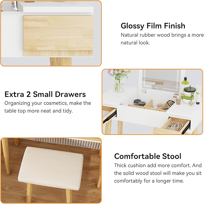 YOURLITE Makeup Vanity Desk with Flip-top Mirror and Lights, 3-in-1 Makeup Vanity Table with 2 Drawers and Cushioned Stool, Writing Desk Dressing Table Vanity Set