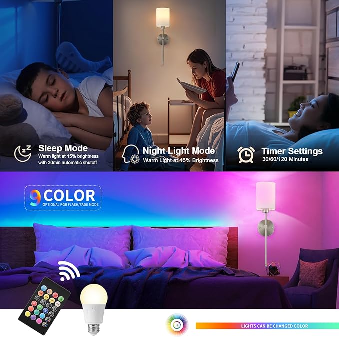 Battery Operated Wall Sconces Set of Two,Wireless Rechargeable Wall Light With Remote Control, Dimmable, 1800K/3000K/4000K/6000K/RGB, Timer, for Living Room, Bedroom, Fireplace, TV, 23.6 Inch, Nickel