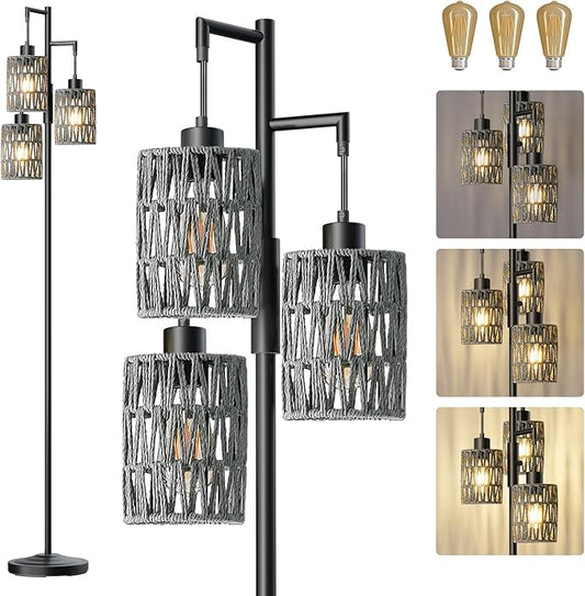 Oneach 70" Floor Lamps for Living Room, Stepless Dimmable Boho Floor Lamp with 3 Bulbs, Tall Farmhouse Industrial Corner Standing Tree Lamp for Bedroom, Office, Study Room, Black with Grey Shades