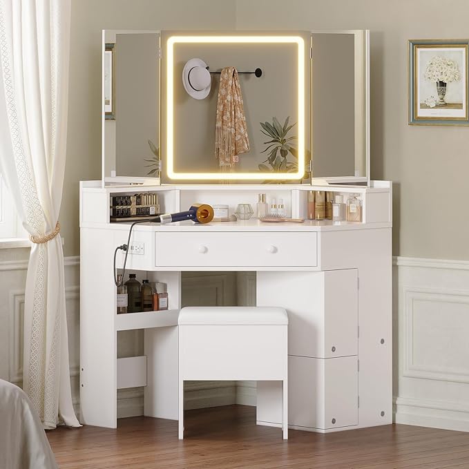 Vanity Desk with Tri-Fold Mirror and Lights, Storage Stool, Corner Makeup Vanities with Drawers & Power Outlet, 3 Light Settings, Dimmable for Bedroom, Women Girls, White