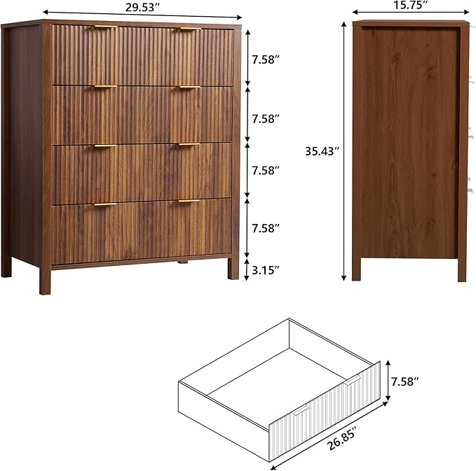 Fluted 4 Drawer Tall Dresser for Bedroom, Mid Century Modern Nightstand with Drawers, Tall Bedside Table for Closet Cloth, Living Room End Table with Storage for Dorm -Walnut