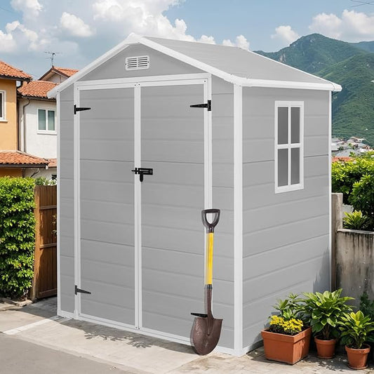 6x4.4FT Outdoor Storage Shed, Resin Shed with Reinforced Floor & Secure Door Lock, All-Weather Outdoor Shed for Gardening Tools, Bicycles, Patio Furniture, Lawn Mower (Gray)
