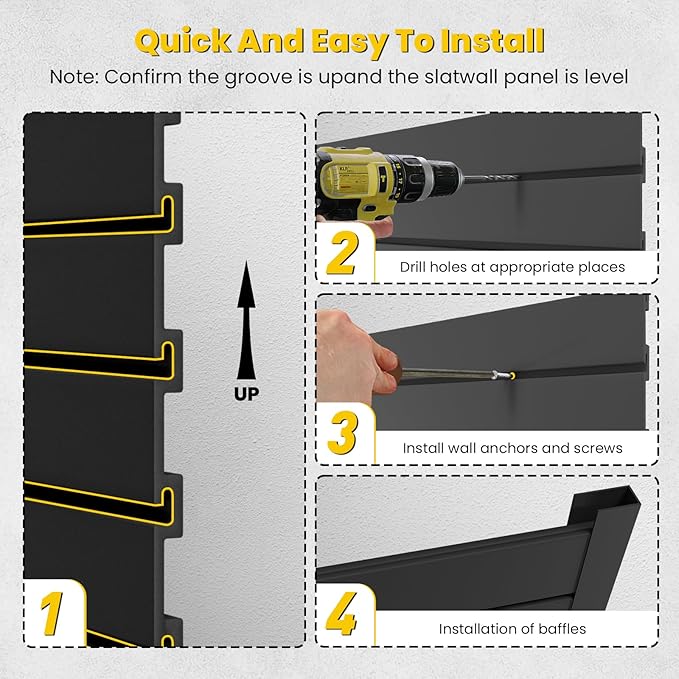 Slat Wall Paneling 4x2 FT, PVC Slat Wall Panels Heavy-Duty Garage Organization System with Hooks & Accessories, Slatwall Pegboard Suitable for Home、Garage、Shop Display & Organization (Black)