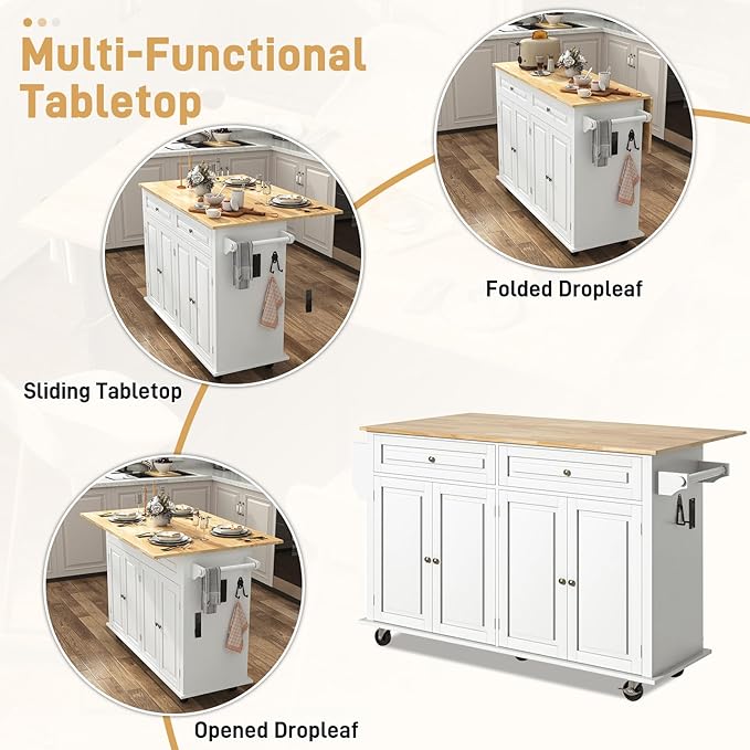 51.2" Movable Kitchen Island with Drop Leaf and Power Outlet, Rolling Island Cart w/Storage Cabinet, Island Table on Wheels for Kitchen w/2 Drawers, Spice Rack, Towel Bar, Garage Hook, White