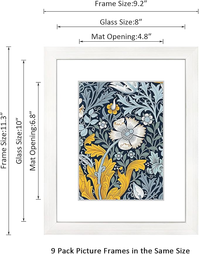 8x10 Picture Frame Set of 9 for Pictures 5x7 with Mat or 8x10 Without Mat, Wall Gallery or Tabletop display Photo Frames in White