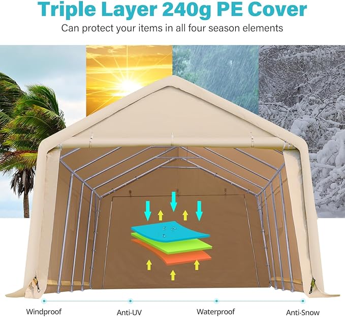 ADVANCE OUTDOOR 13x20 ft Carport 2 Roll up Doors & Vents Outdoor Portable Storage Shelter Garage Tent for Vehicle Boat Truck Anti-UV Snow Resistant Waterproof, Beige