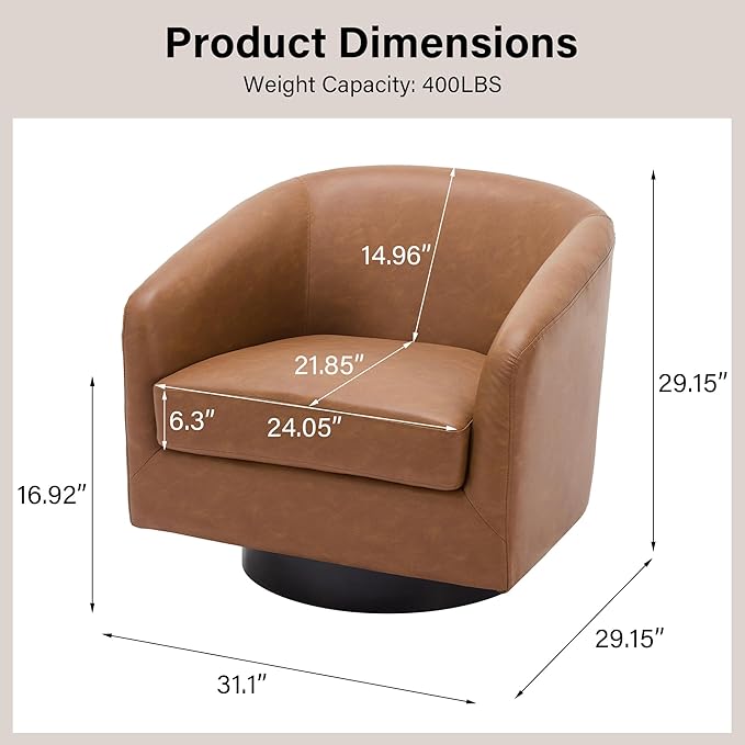 Swivel Barrel Chair, Modern Round PU Leather Accent Armchair for Living Room, Bedroom, Oversized Comfy Club Reading Chairs for Adults (Leather Brown, Set of 2)