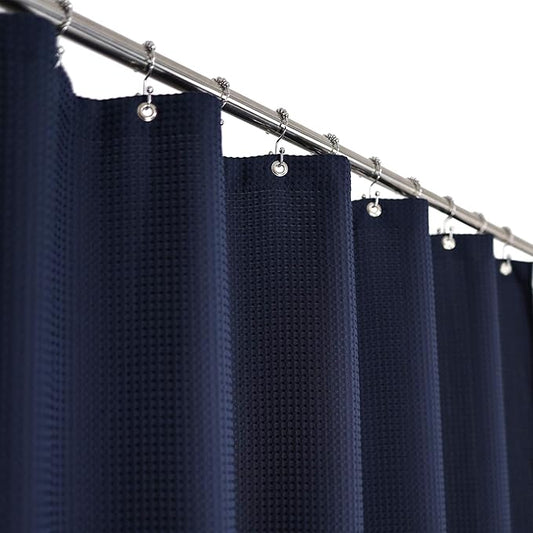 Extra-Long Waffle Weave Shower Curtain 71 Inch W x 96 Inch H - Hotel Luxury Spa, 230 GSM Heavy Weighted Fabric, Water Repellent, Navy Blue, 71x96