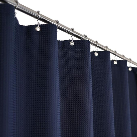Barossa Design Long Waffle Weave Shower Curtain 71" W x 78" H - Hotel Luxury Spa, 230 GSM Heavy Weighted Fabric, Water Repellent, Navy Blue, 71x78