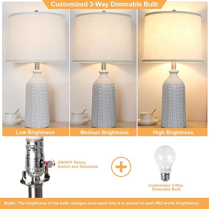 White Ceramic Table Lamp 24.5": 3-Way Dimmable Bedside Lamp with White Drum Slub Shade, Modern Nightstand Lamp for Bedroom & Living Room (Bulb Included)